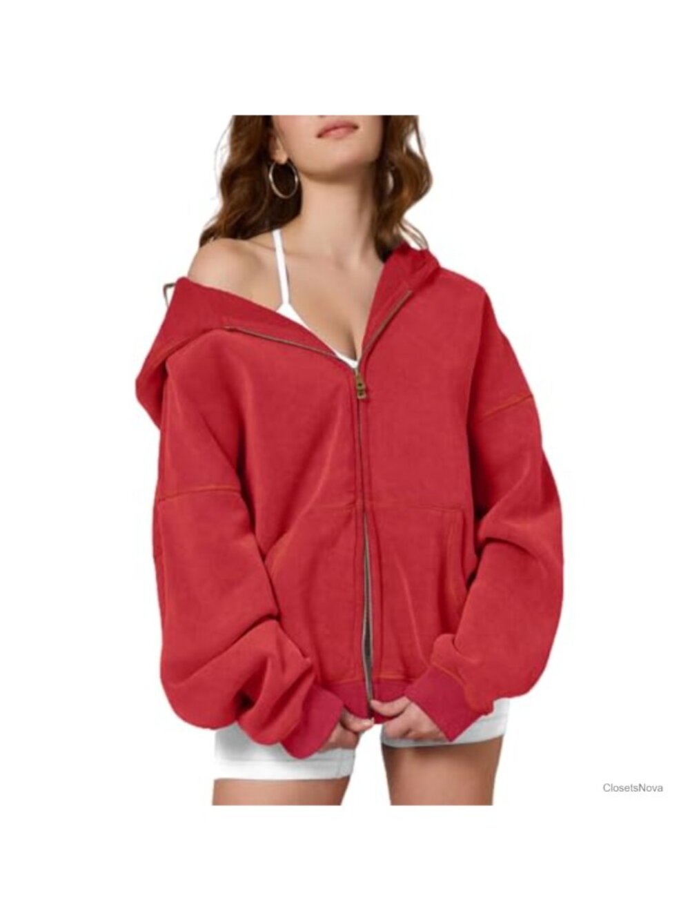Women's Oversized Acid Wash Zip Up Hoodie Heavyweight Fleece Sweatshirt
